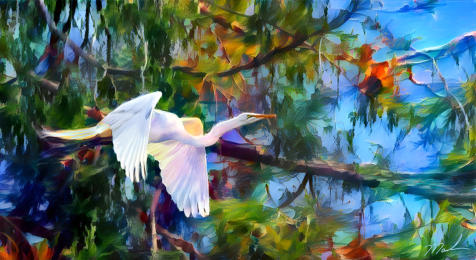 Egret in Flight (Abstract)   (18x33 on canvas)
